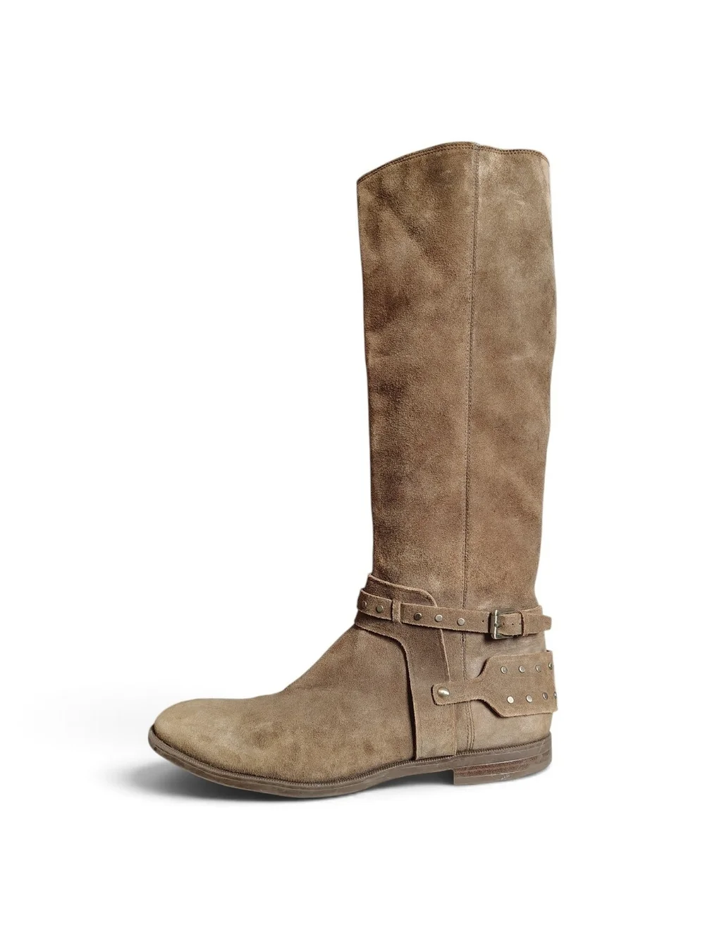 Nine West Luciana Tan Suede Studded Harness Riding Boots Women's Size 9